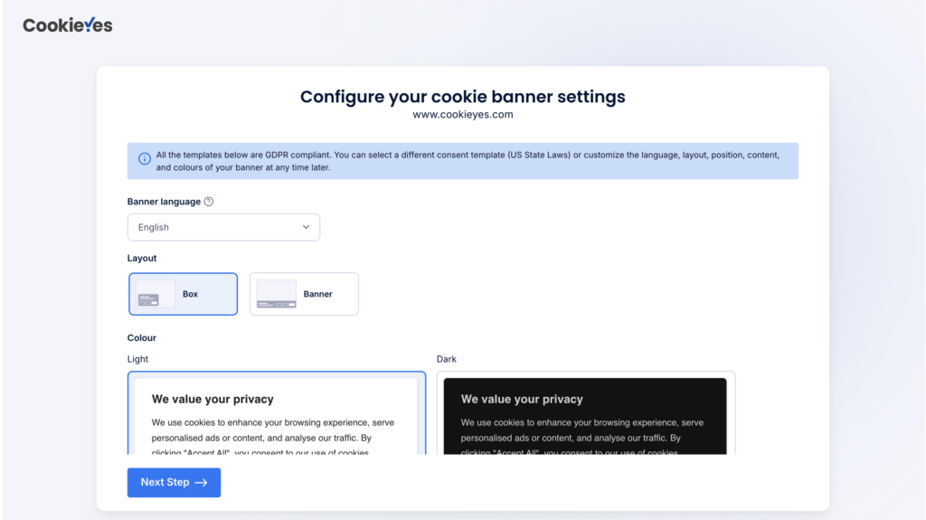 Option to customise and preview cookie banner settings on app.cookieyes.com.